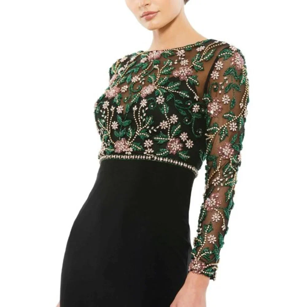 Mac Duggal Beaded Illusion High Neck Trumpet Gown in Black Multi Size 4 - Picture 3 of 12